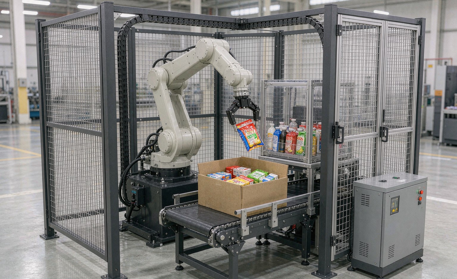 Compact robotic packaging cell with six-axis robot