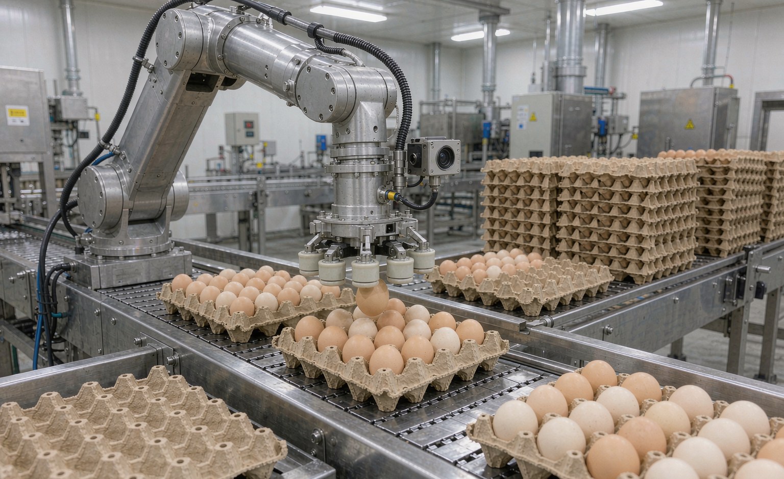 Robotic egg packaging line in a food processing plant