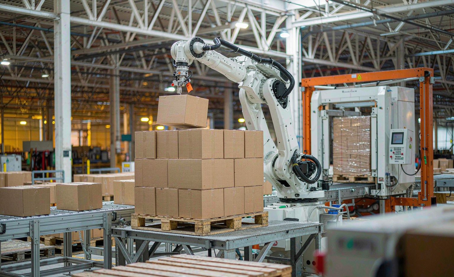 Robotic palletising system stacking boxes onto a pallet