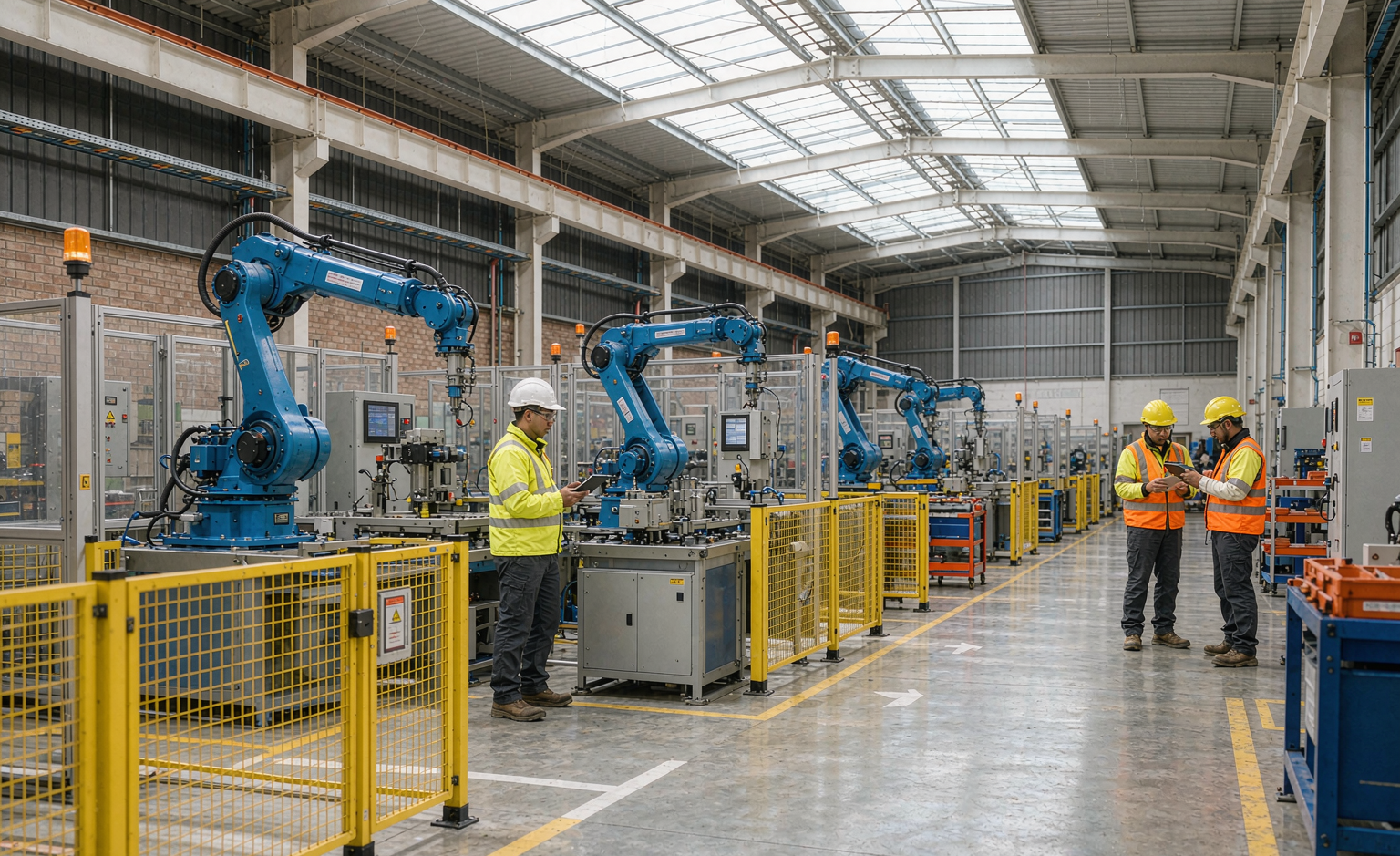 Industrial robot cells on a modern manufacturing floor