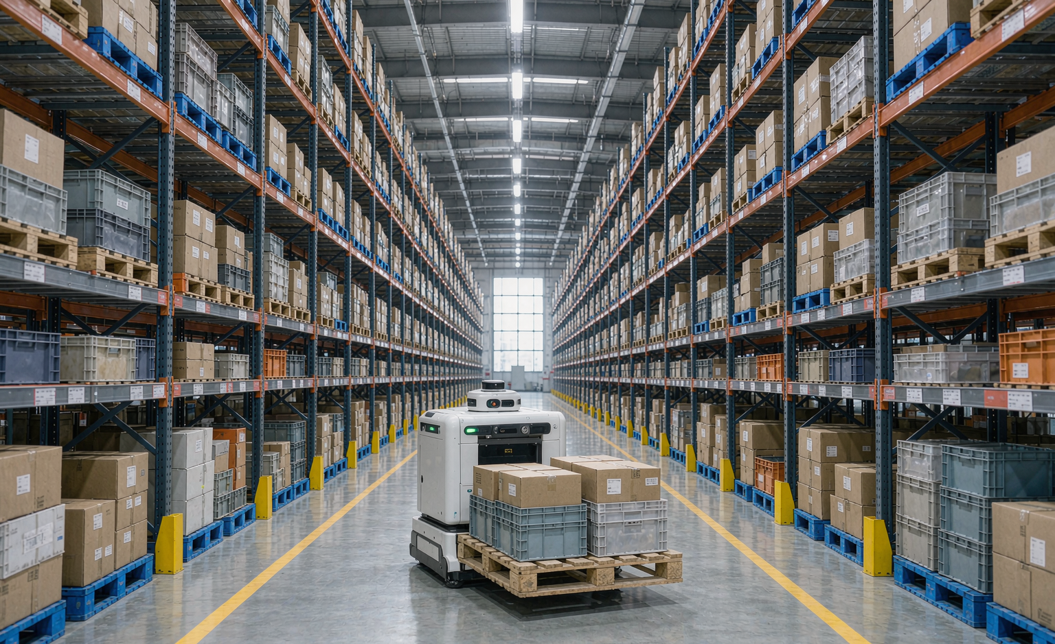Autonomous mobile robot travelling down a warehouse aisle